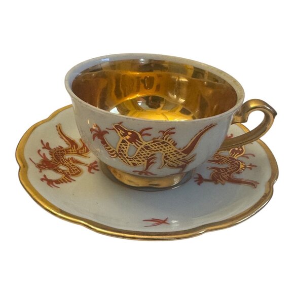 VNTG  Japanese Dragon Teacup Set 4Pc Gold Gilded Porcelain Collectible Decor - Picture 10 of 10